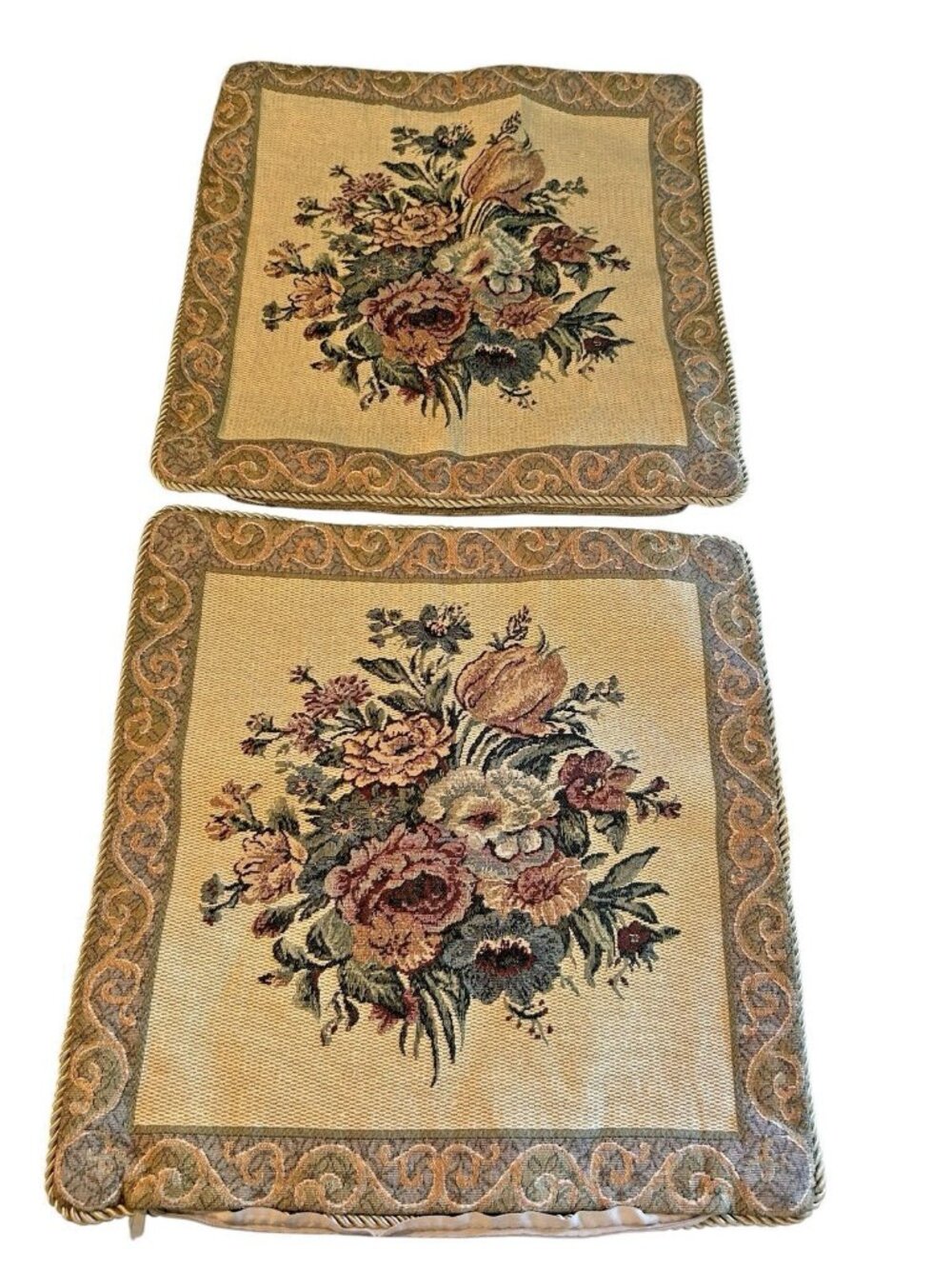Pair Vtg Tapestry Pillow Cover Zipper 15X15 Vintage Boho Shabby Chic Granny core